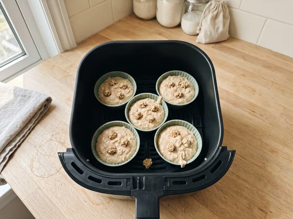 Oatmeal muffin batter in rigid silicone cups arranged in an air fryer basket, ready to bake