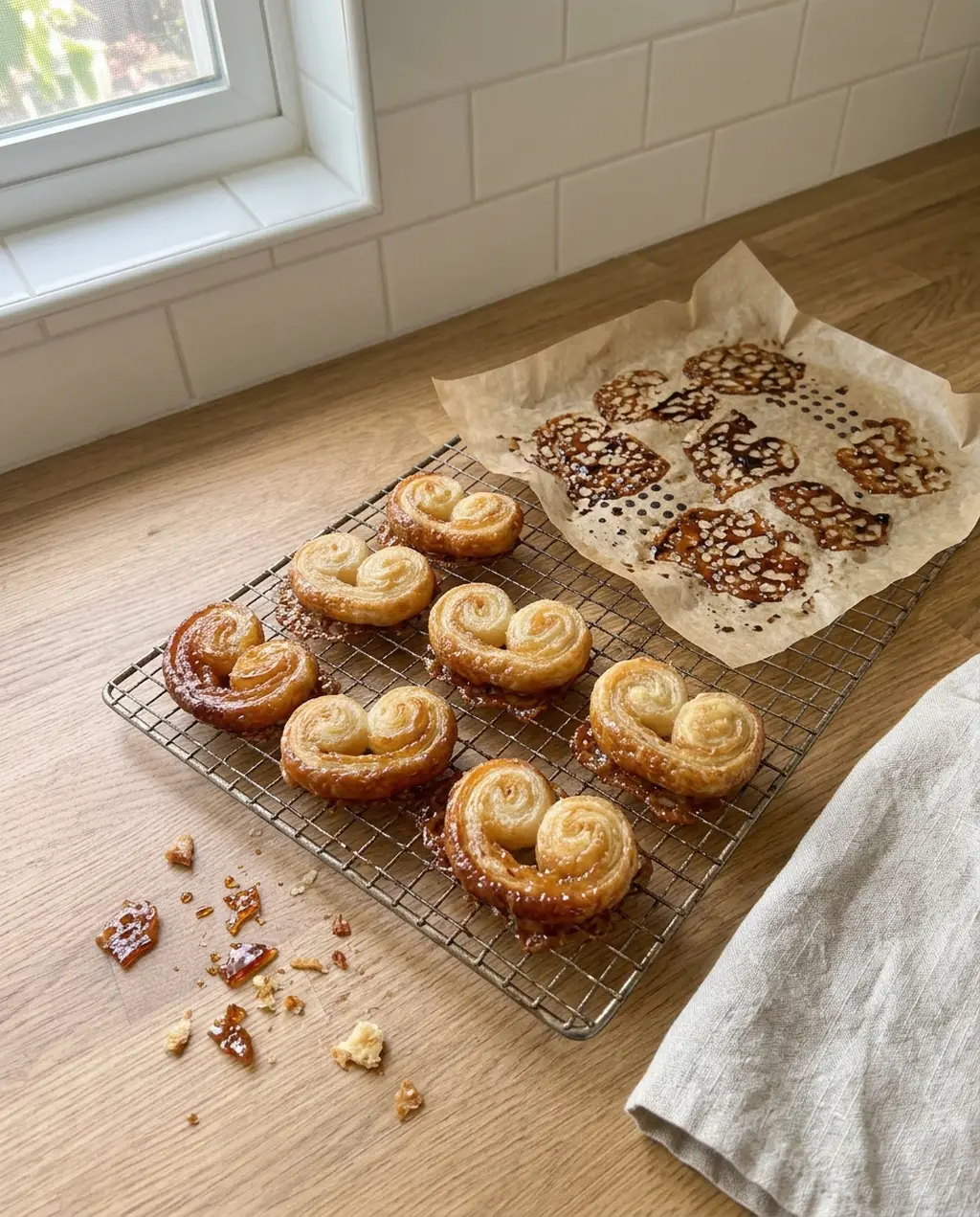 Caramelized air fryer palmiers cooling on a wire rack beside the parchment square with its lace of baked-on caramel