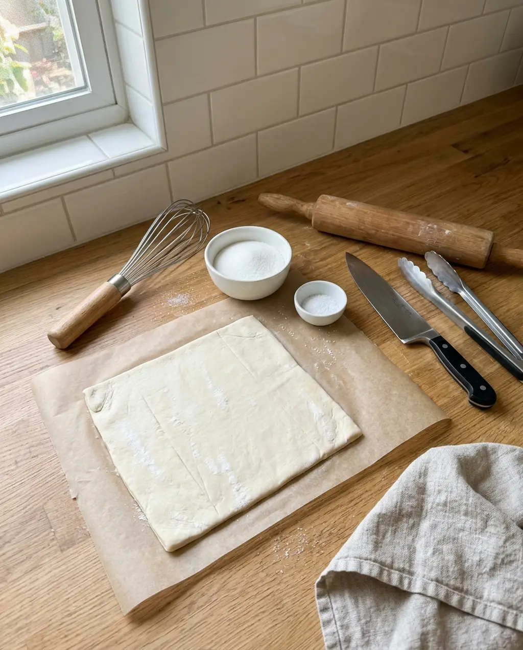 A sheet of puff pastry on parchment beside bowls of sugar and salt, a whisk, rolling pin, chef's knife and tongs