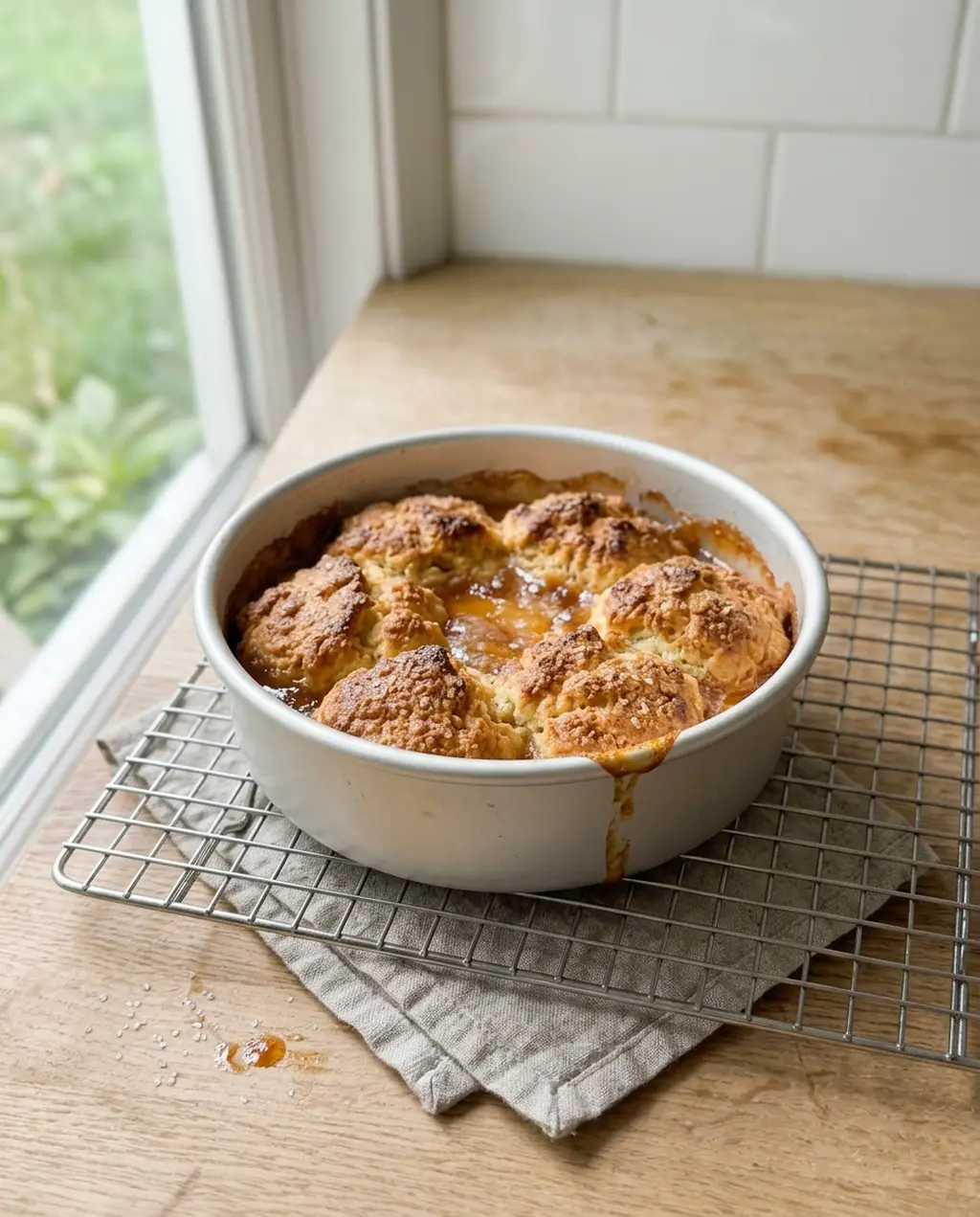 Baked peach cobbler resting on a wire cooling rack with thick peach syrup set down the side of the dish