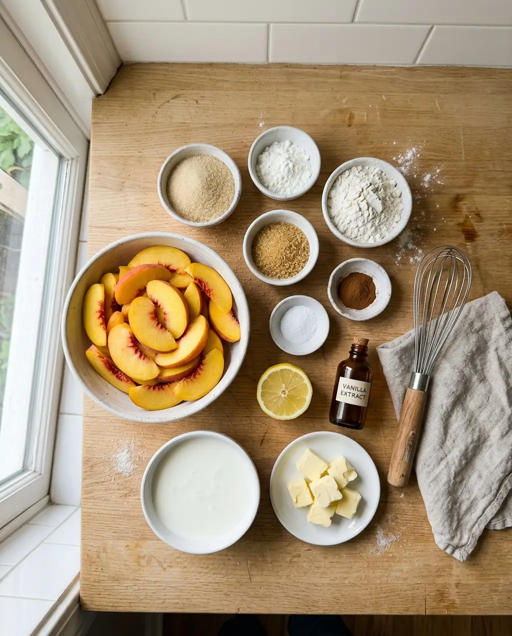 Peach cobbler ingredients on a wooden counter: a bowl of sliced fresh peaches, sugars, flour, baking powder, cinnamon, salt, lemon, vanilla, buttermilk and cubed cold butter