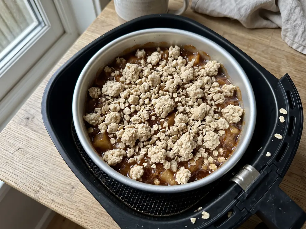 Oat clumps scattered edge to edge over the par-baked pear filling before the second bake