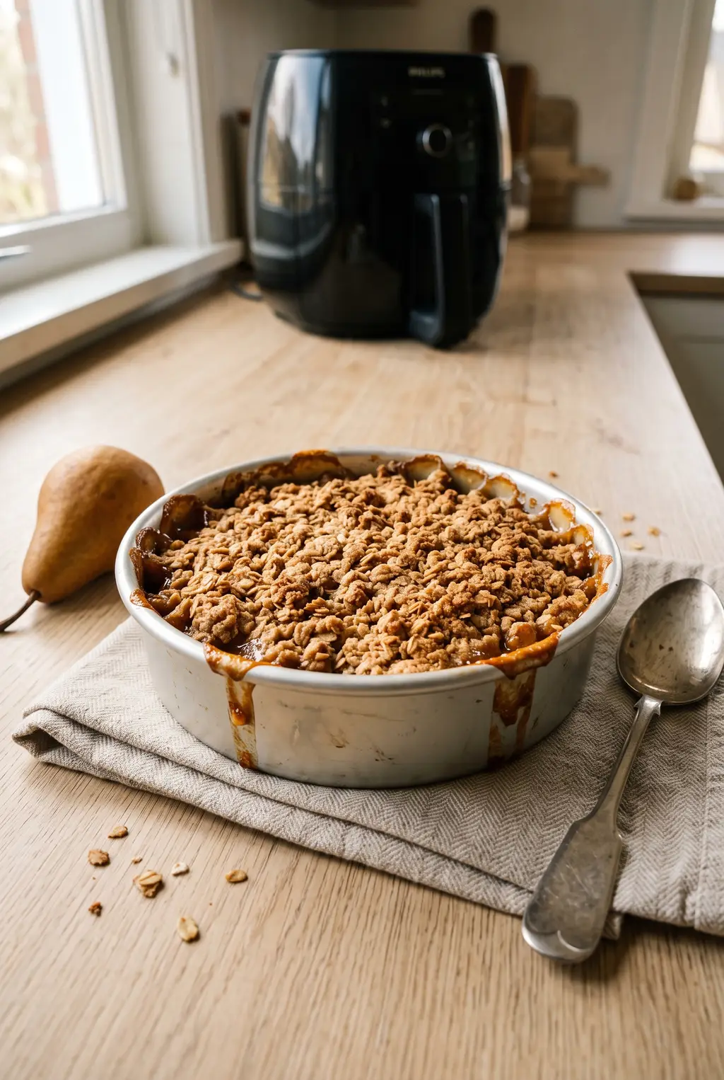 Air fryer pear crisp with a golden oat topping over jammy pear filling, served warm
