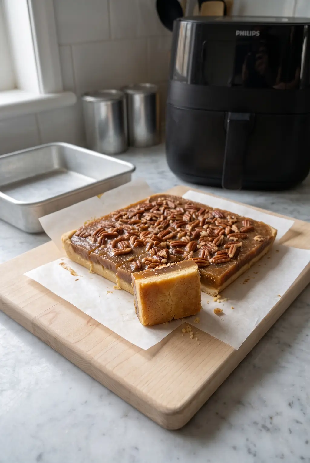 A slab of pecan bars on a board with one square lifted out to show the shortbread base and set filling