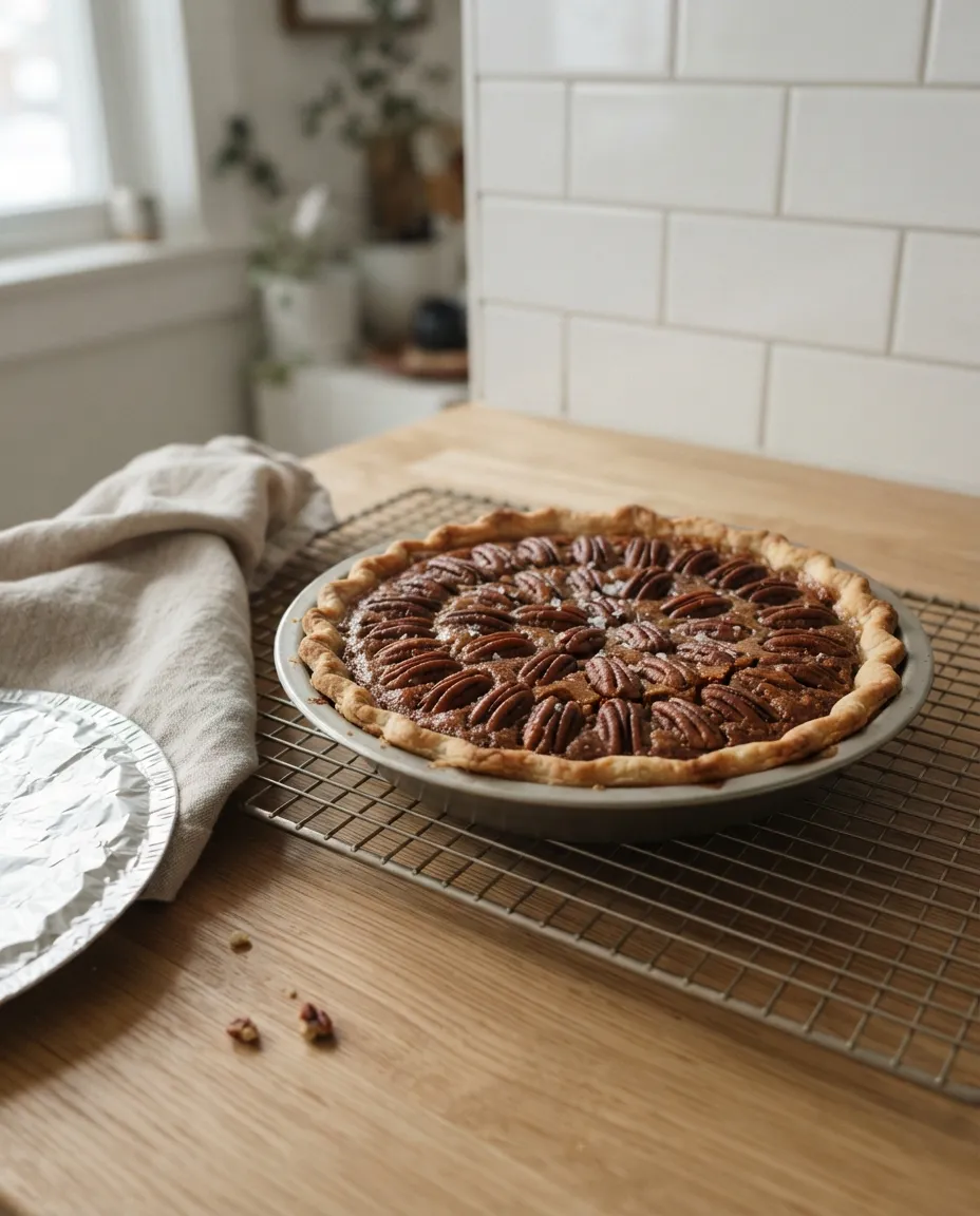 A whole baked pecan pie with toasted pecan halves cooling on a wire rack