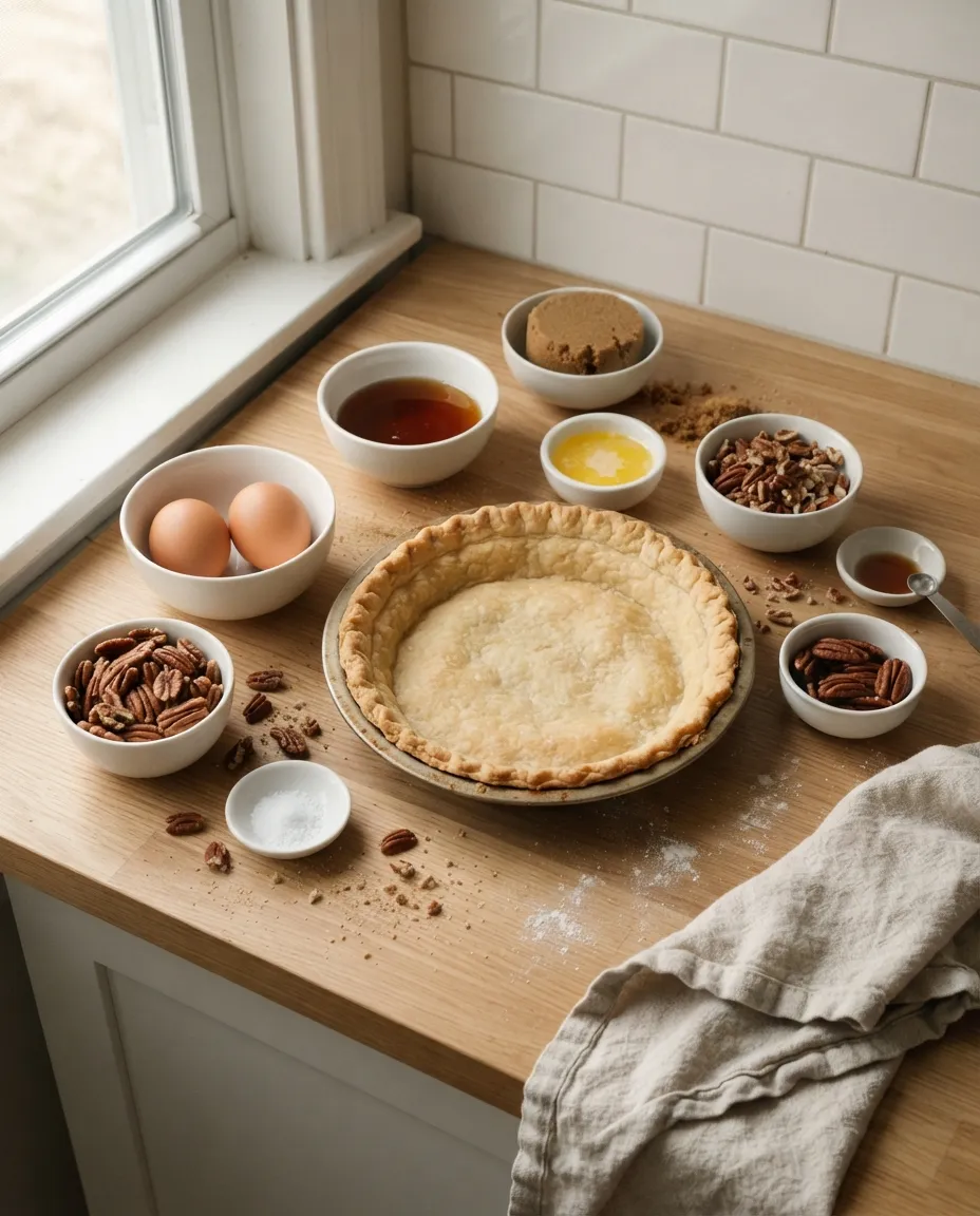 Pecan pie ingredients on a counter: a par-baked pie shell, eggs, dark corn syrup, brown sugar, melted butter, vanilla, salt, chopped pecans and pecan halves