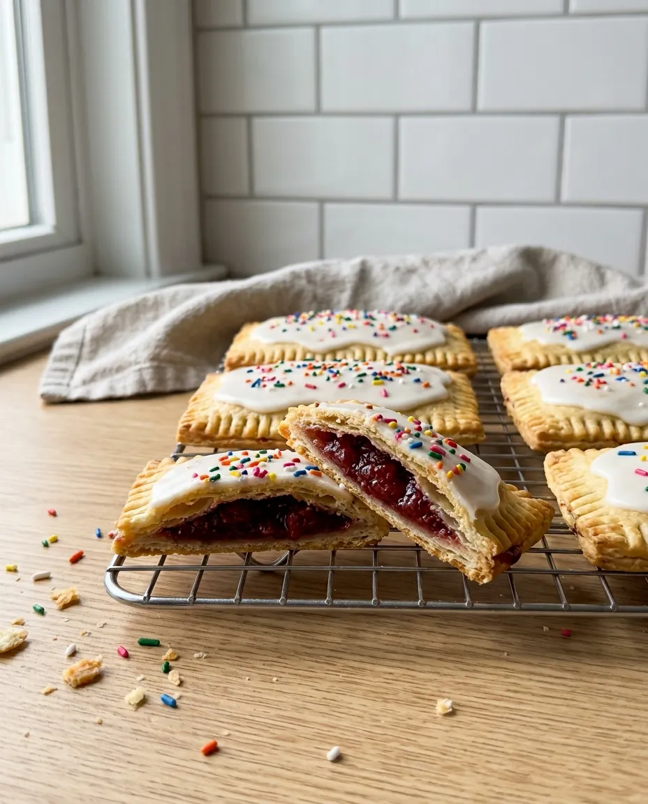 Iced homemade air fryer pop tarts with rainbow sprinkles on a cooling rack, one broken open to show the thick strawberry filling inside