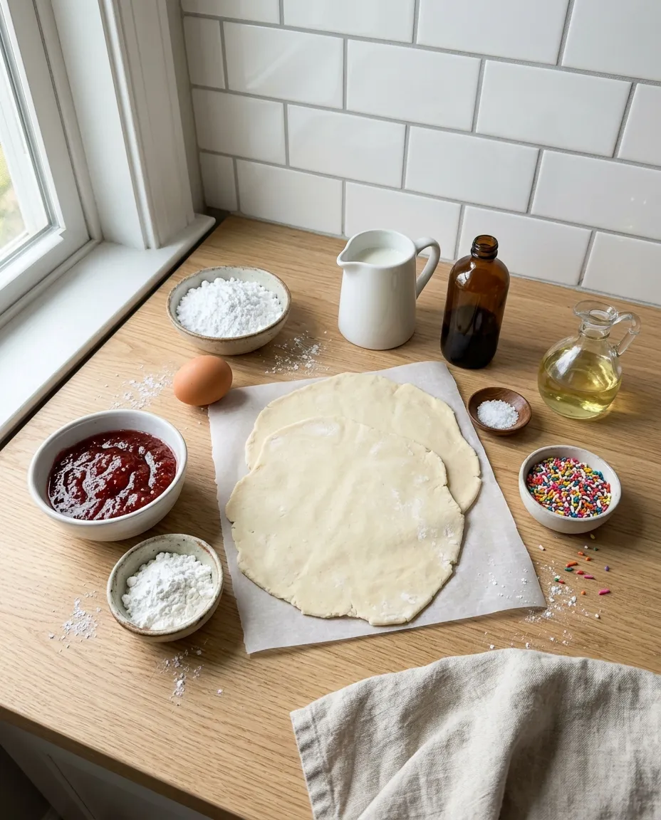 Pop tart ingredients on a wooden counter: two rounds of refrigerated pie crust on parchment, strawberry jam, an egg, powdered sugar, milk, vanilla, oil and rainbow sprinkles