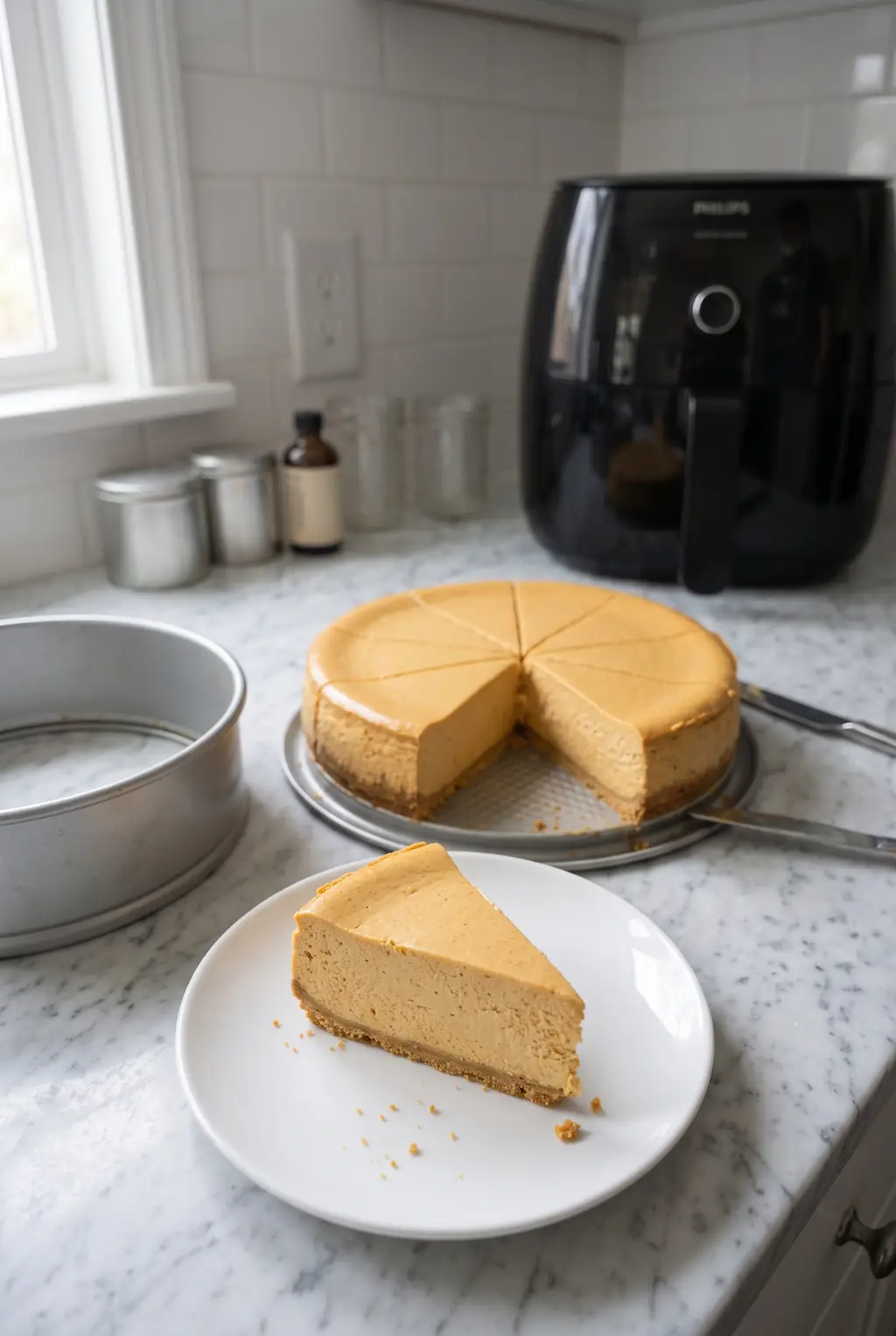 A slice of air fryer pumpkin cheesecake on a white plate showing a graham crust and velvety orange filling, with the sliced cake and a Philips air fryer behind it
