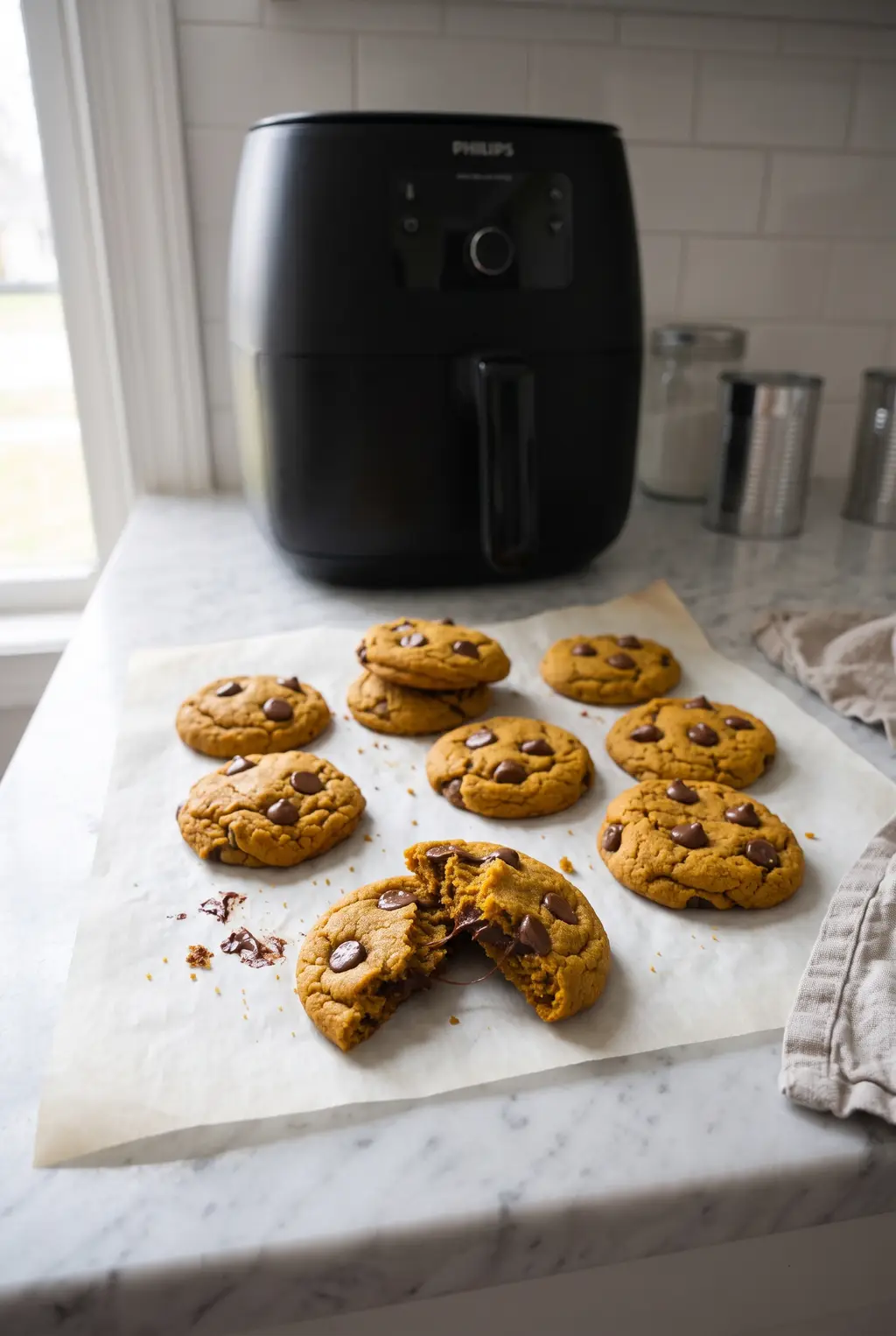 Air fryer pumpkin chocolate chip cookies cooling on parchment, one broken open to show melty chocolate and a soft pumpkin crumb, a Philips air fryer behind