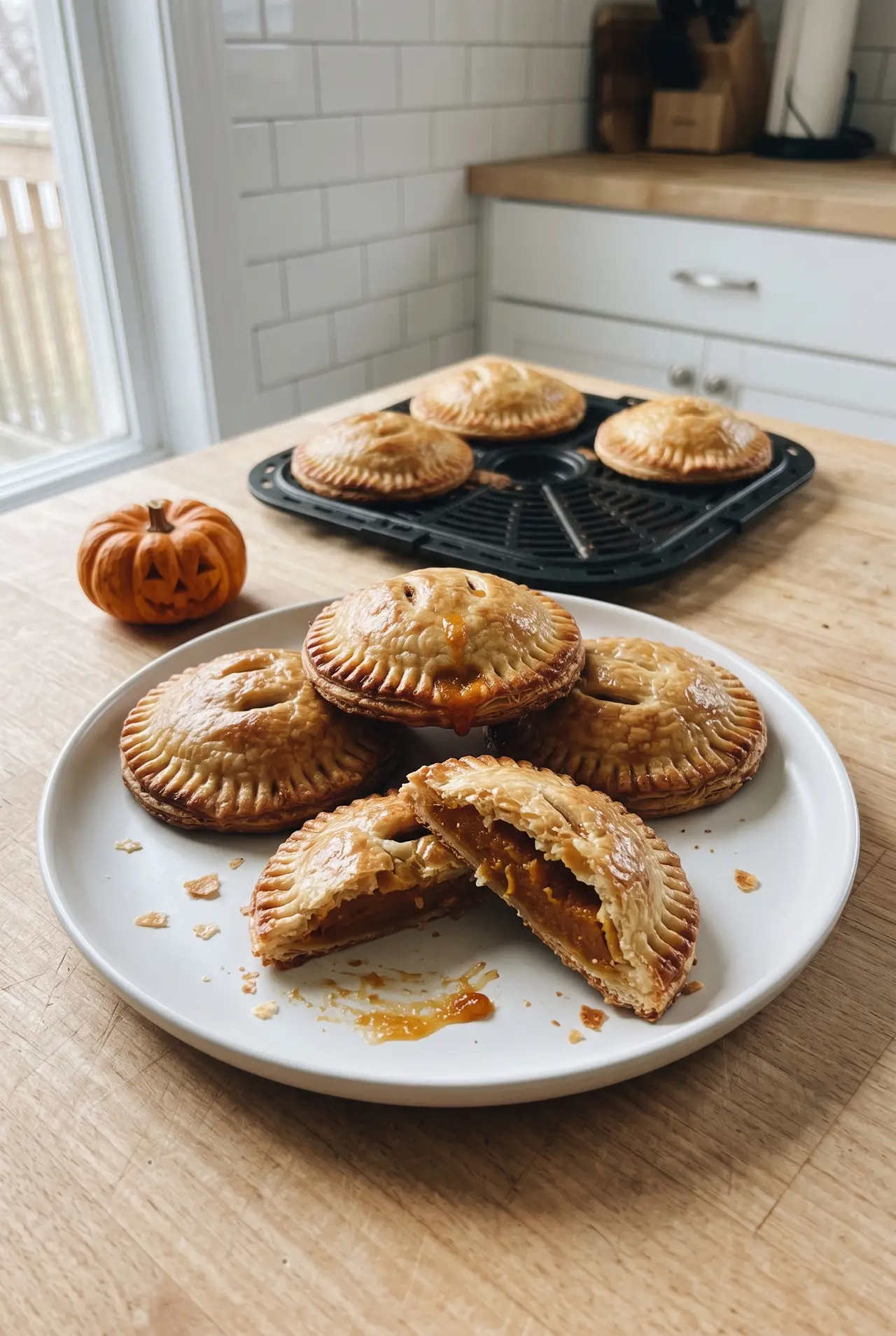 Golden air fryer pumpkin hand pies stacked and glazed