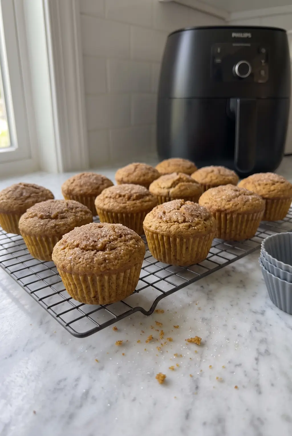 A dozen pumpkin muffins with crackly cinnamon sugar tops cooling on a wire rack