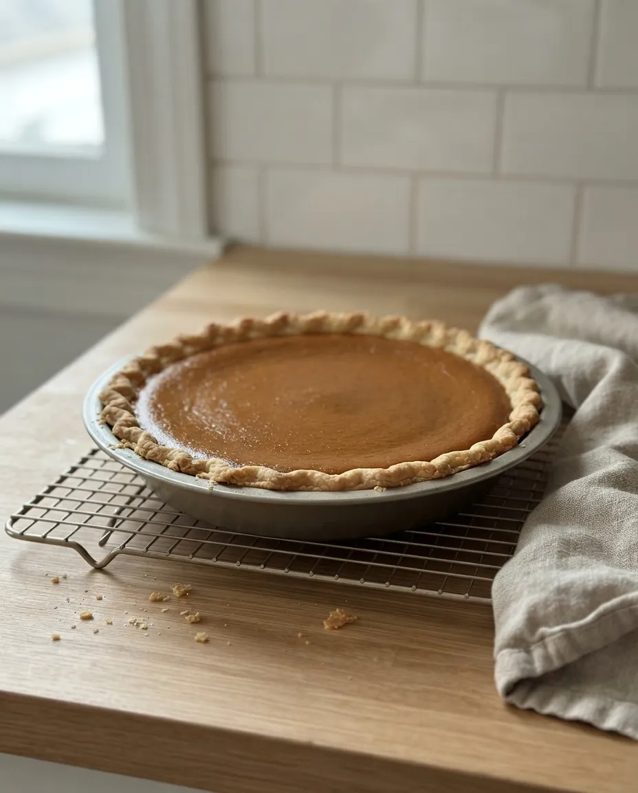 A whole air fryer pumpkin pie cooling on a wire rack