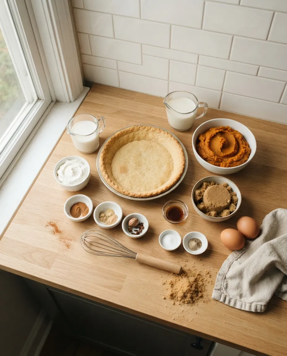 Pumpkin pie ingredients on a counter: a par-baked pie shell, canned pumpkin, brown sugar, spices, vanilla, evaporated milk and eggs