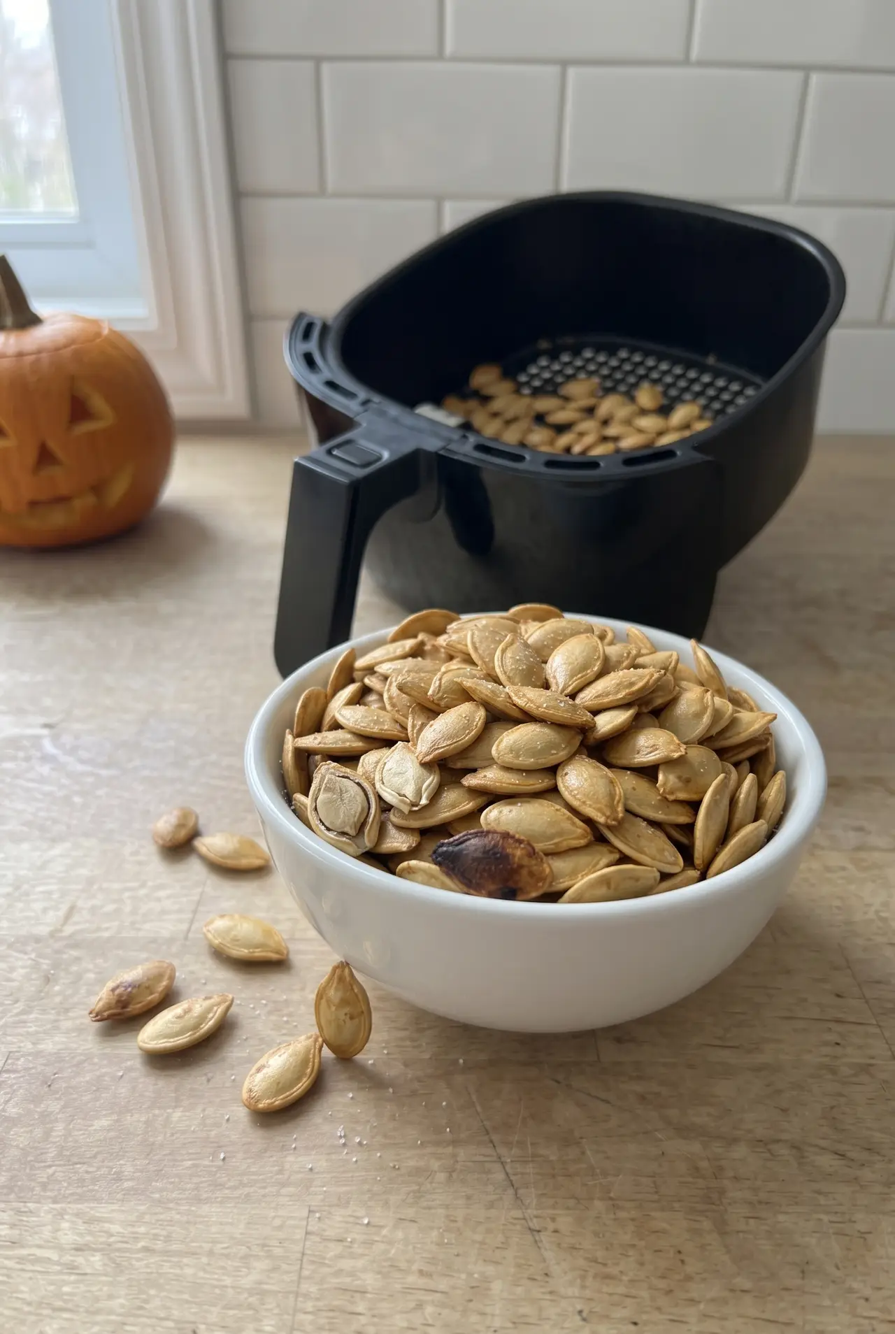 Finished crispy air fryer pumpkin seeds cooling