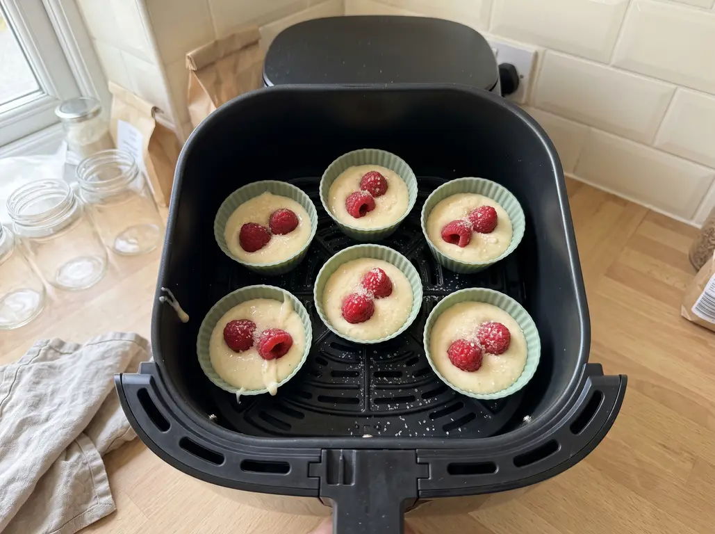 Six raspberry muffin cups arranged with space between them in an air fryer basket