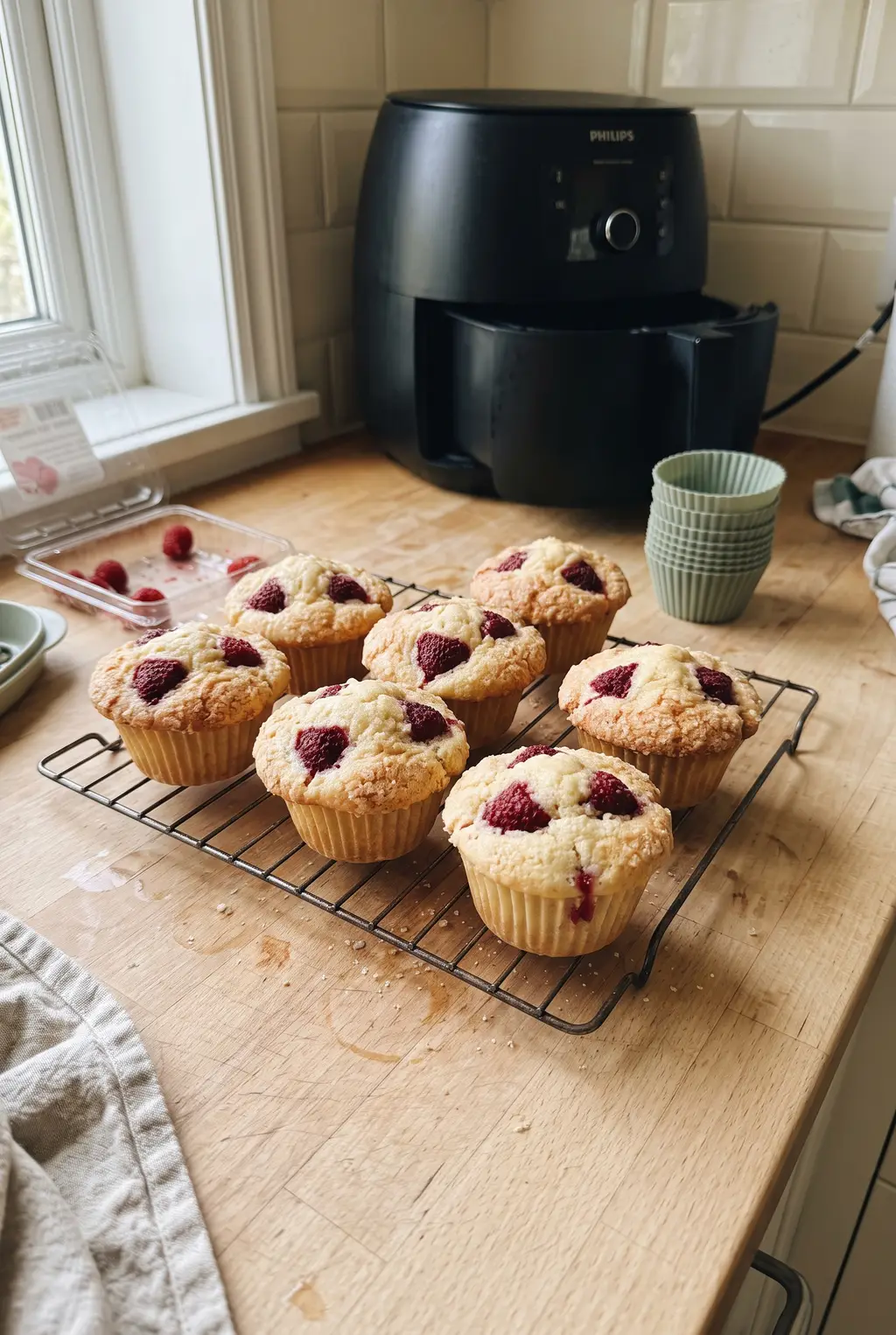 Air fryer raspberry muffins with whole berries and sugared crowns, stacked on a plate