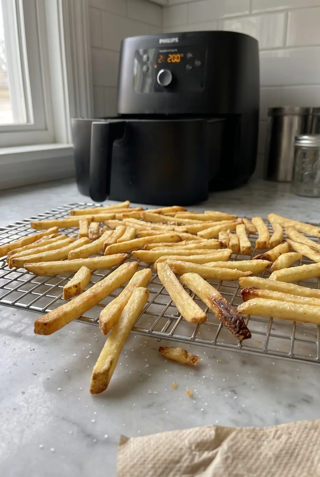 A wire rack of golden reheated french fries in front of a Philips air fryer