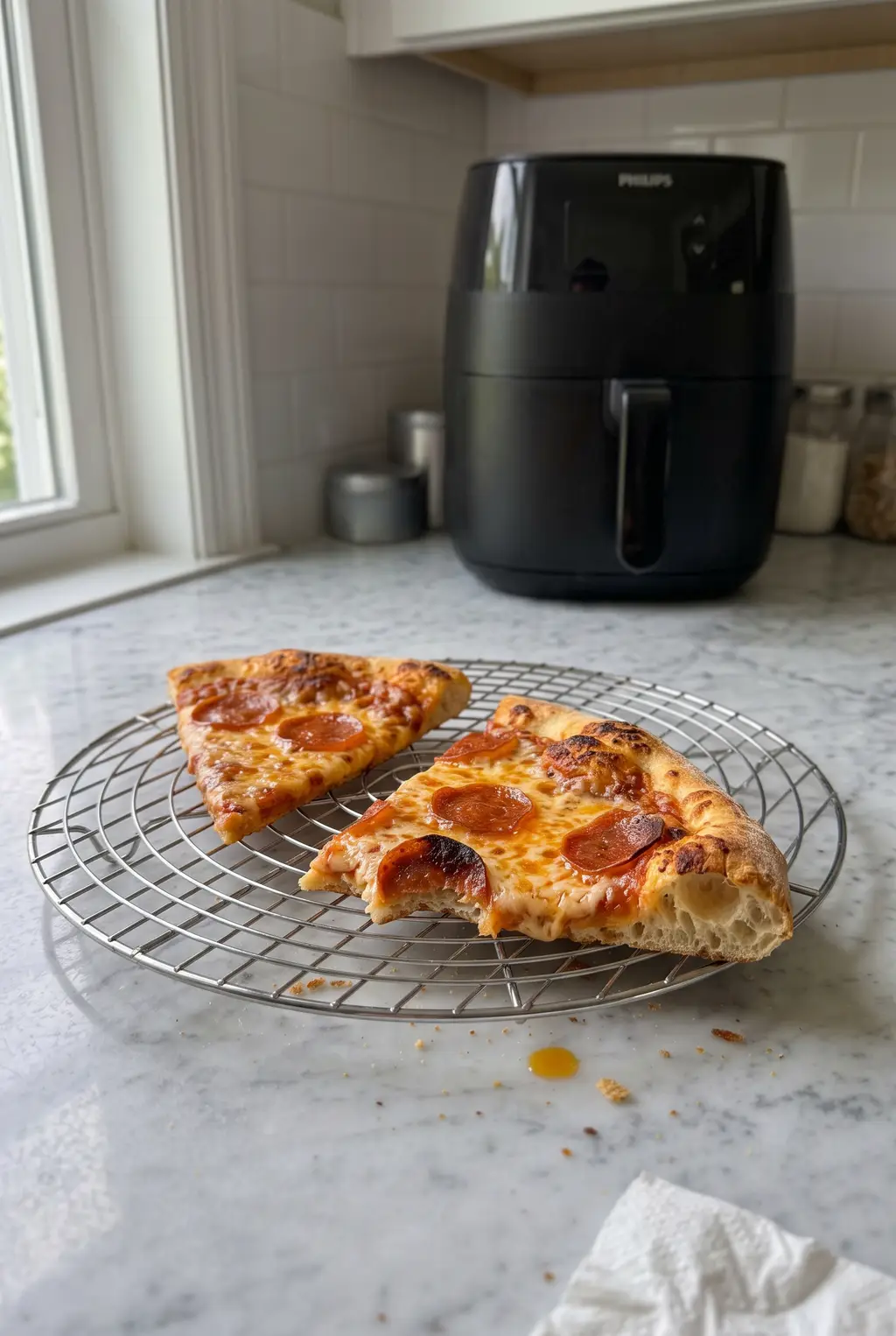 Two reheated pepperoni pizza slices resting on a round wire rack in front of an air fryer