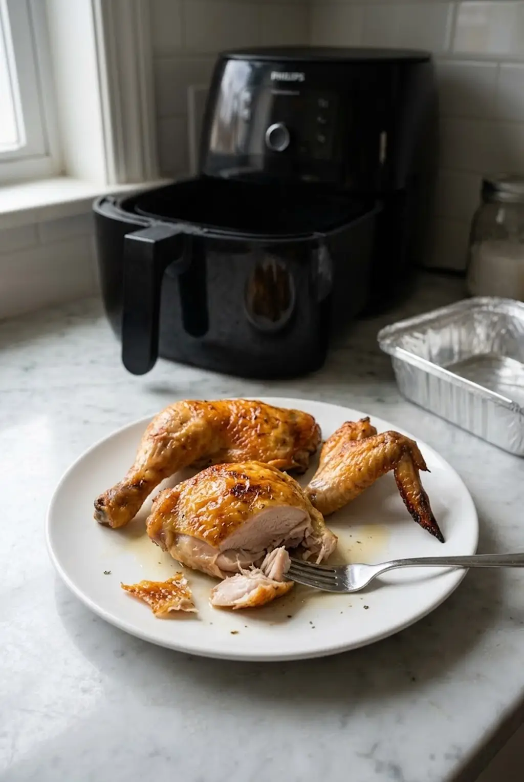 Reheated rotisserie chicken leg, thigh and wing with crisp golden skin on a white plate