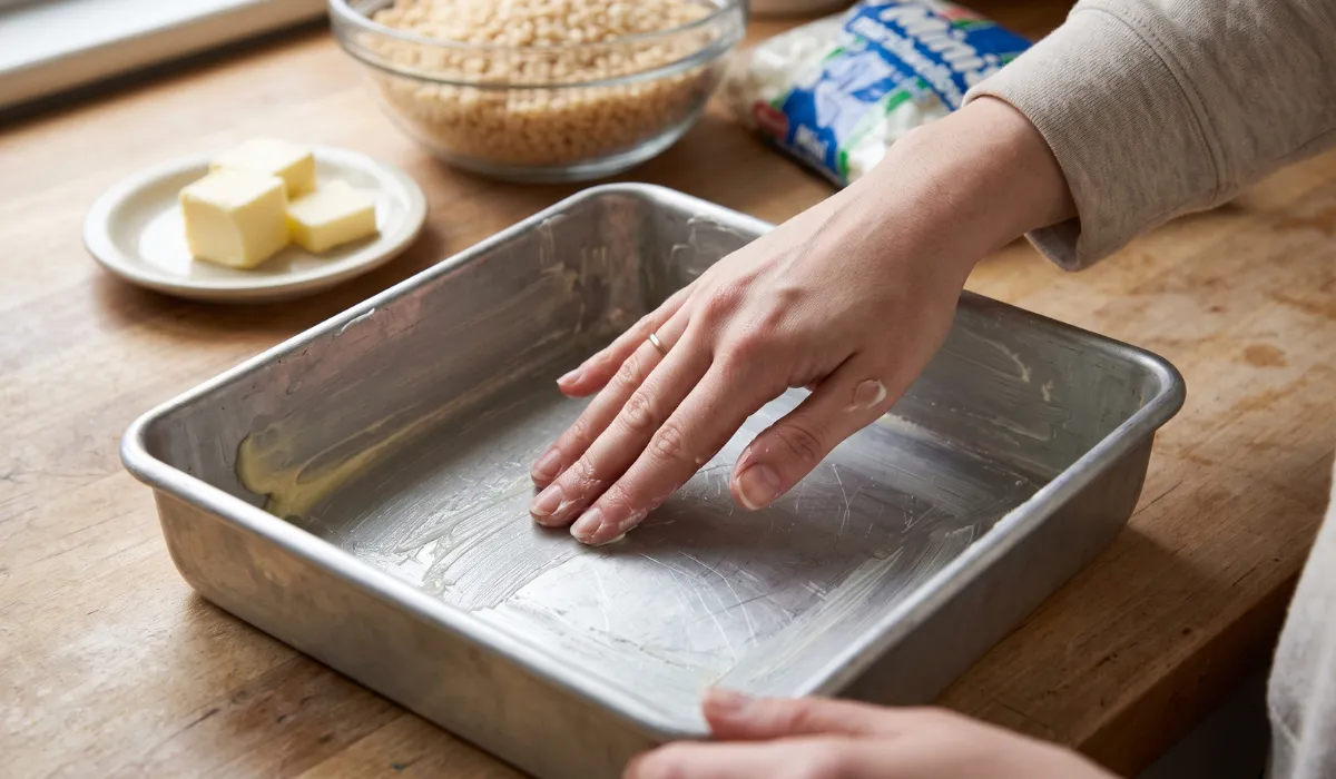 A hand rubbing butter across the base and sides of a metal square pan