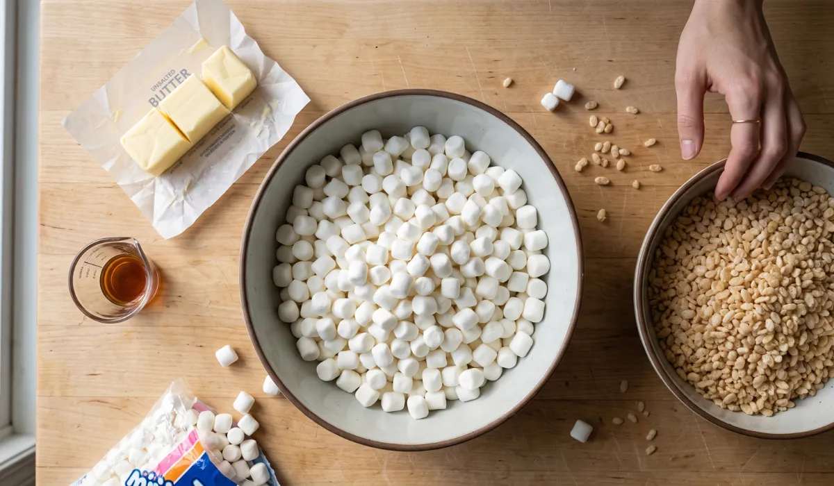 Butter, mini marshmallows, crisp rice cereal and vanilla laid out on a wooden counter