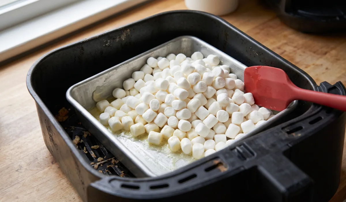 Mini marshmallows tipped into a buttered pan sitting inside an air fryer basket