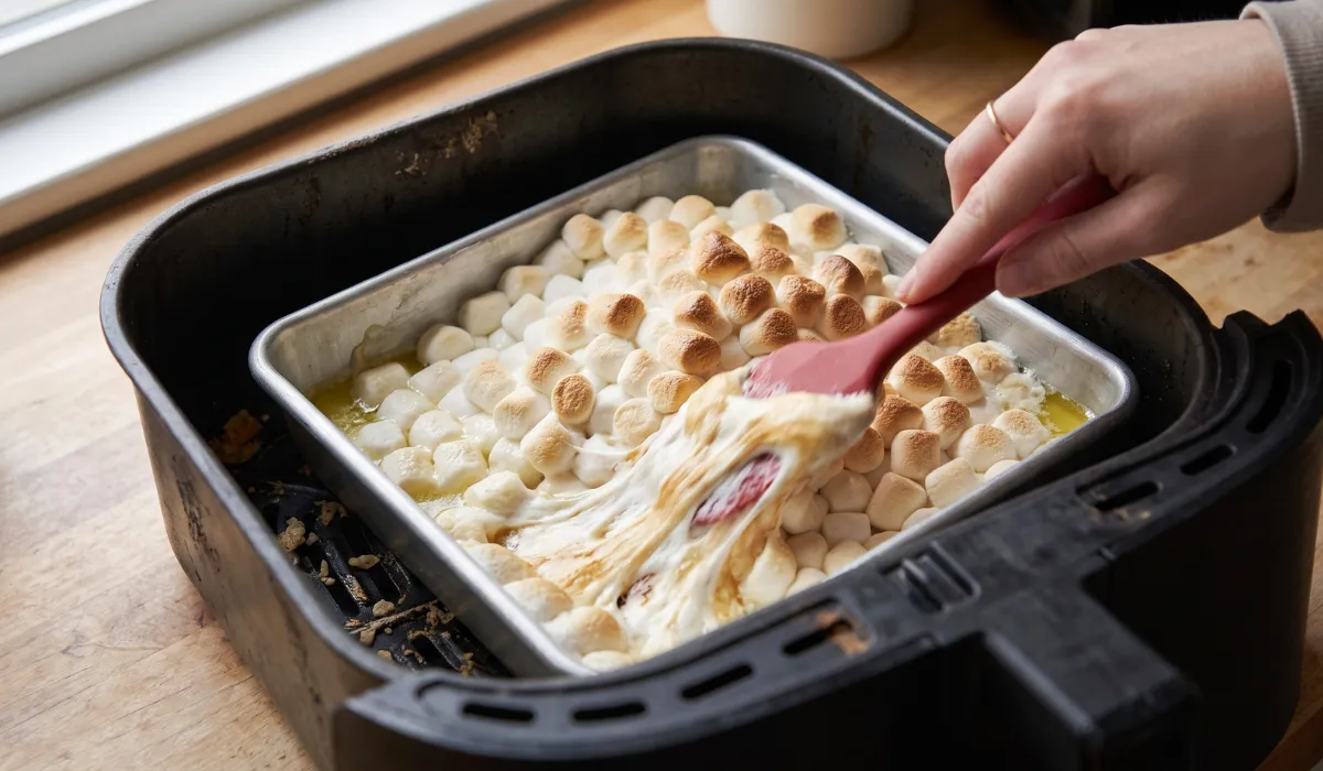 Marshmallows puffed and browning on top being stirred into molten marshmallow in an air fryer pan