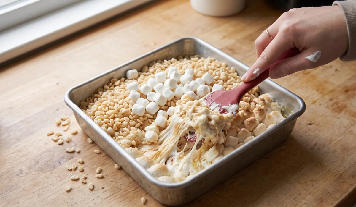 Crisp rice cereal being folded into molten marshmallow in a pan, strands pulling from the spatula