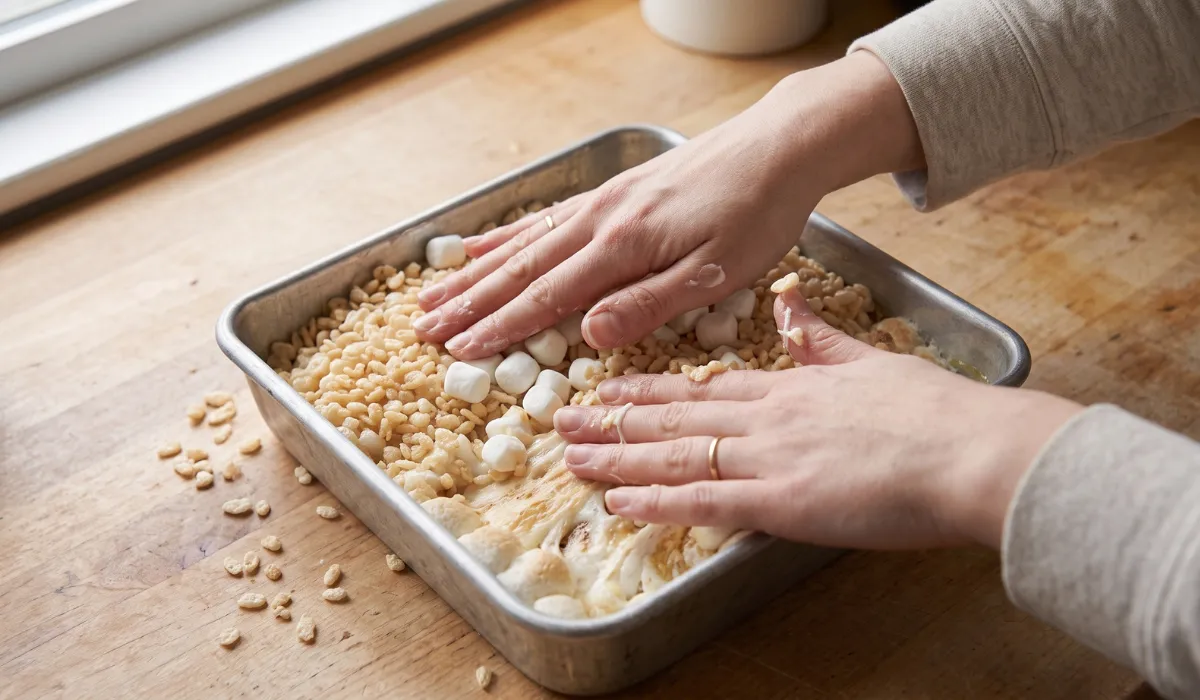 Buttered hands pressing rice krispie mixture level in a metal pan
