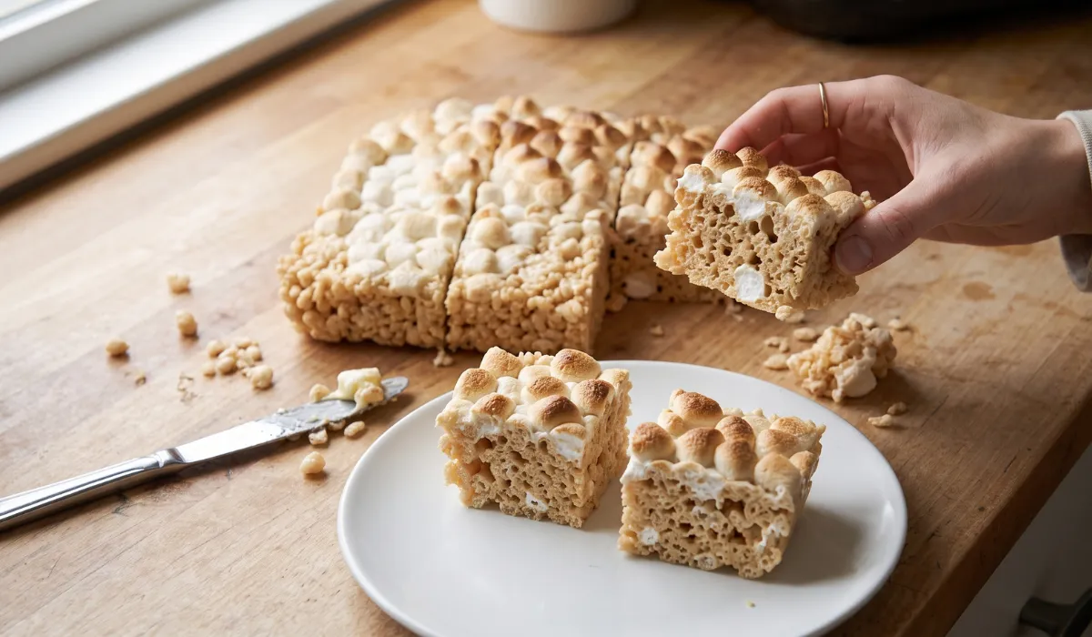 Air fryer rice krispie treats cut into squares with a toasted marshmallow top, one held up to show the interior