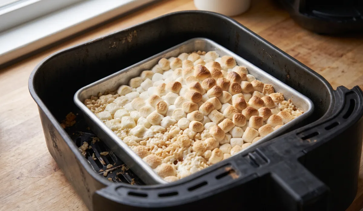 Reserved marshmallows toasted golden brown across the top of pressed rice krispie treats in an air fryer