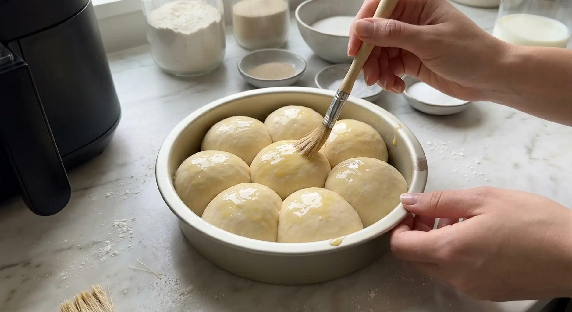 Brushing egg yolk wash over the risen dinner rolls in the pan before baking