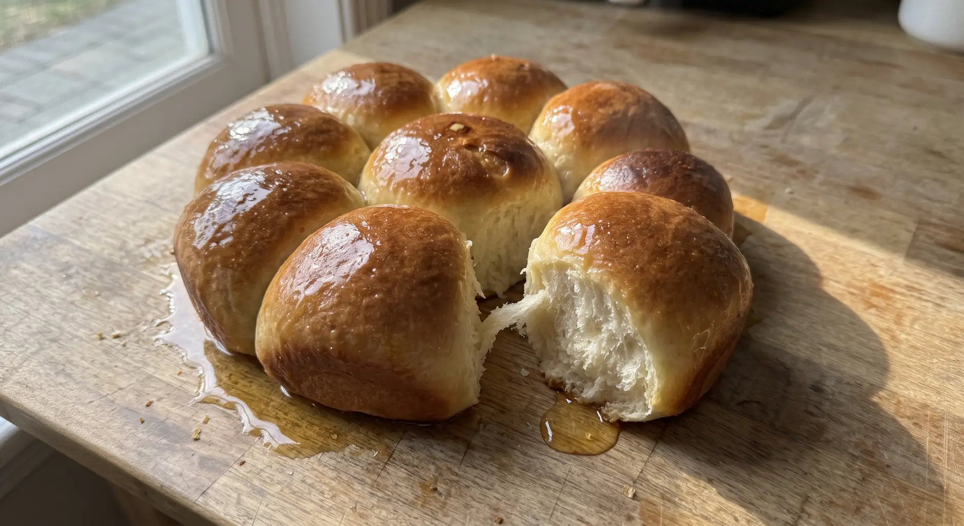 A golden pull-apart wheel of air fryer dinner rolls brushed with honey butter, one roll pulled free