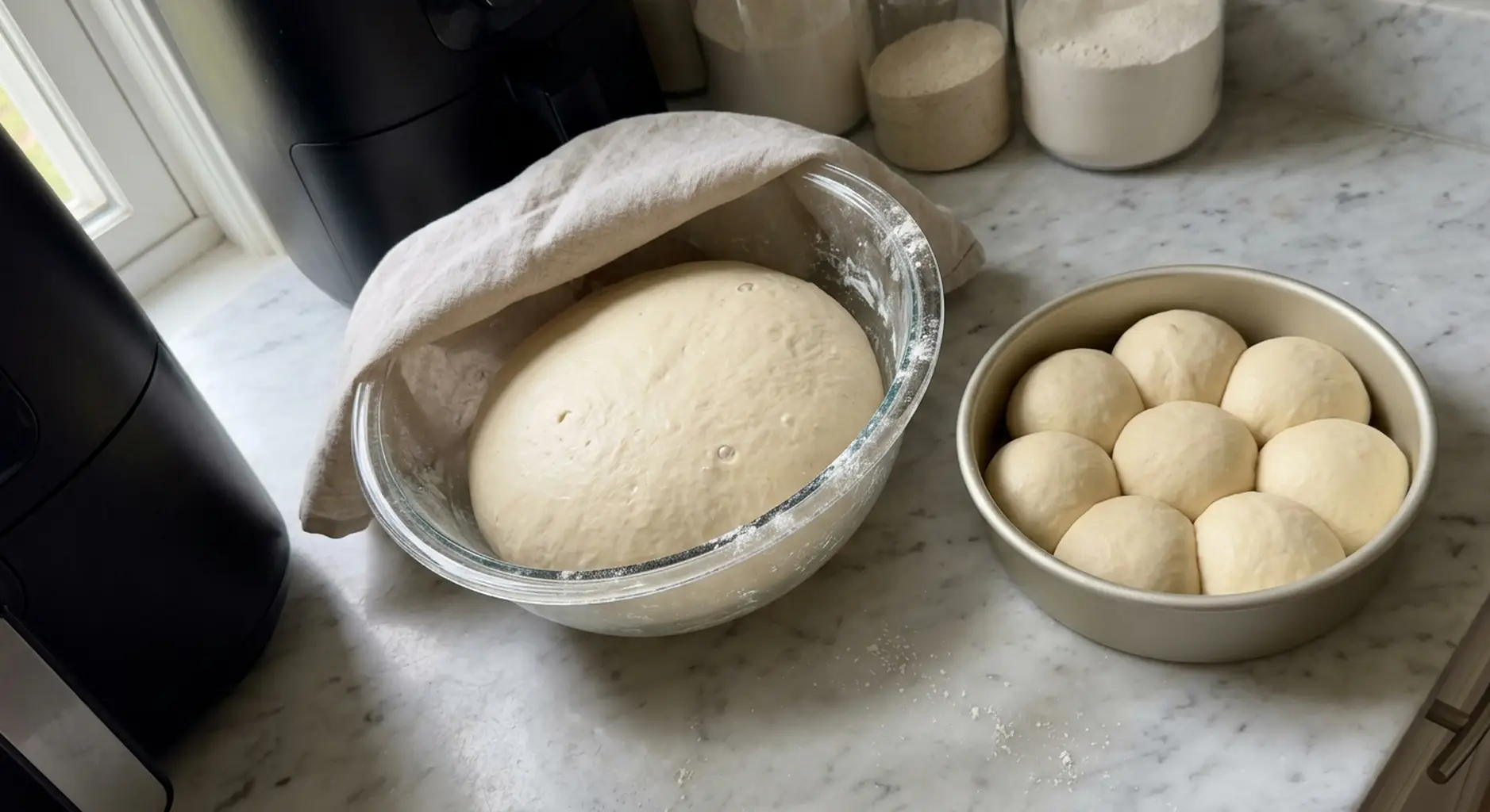 Enriched dough risen and doubled under a cloth in a glass bowl beside a pan of shaped rolls