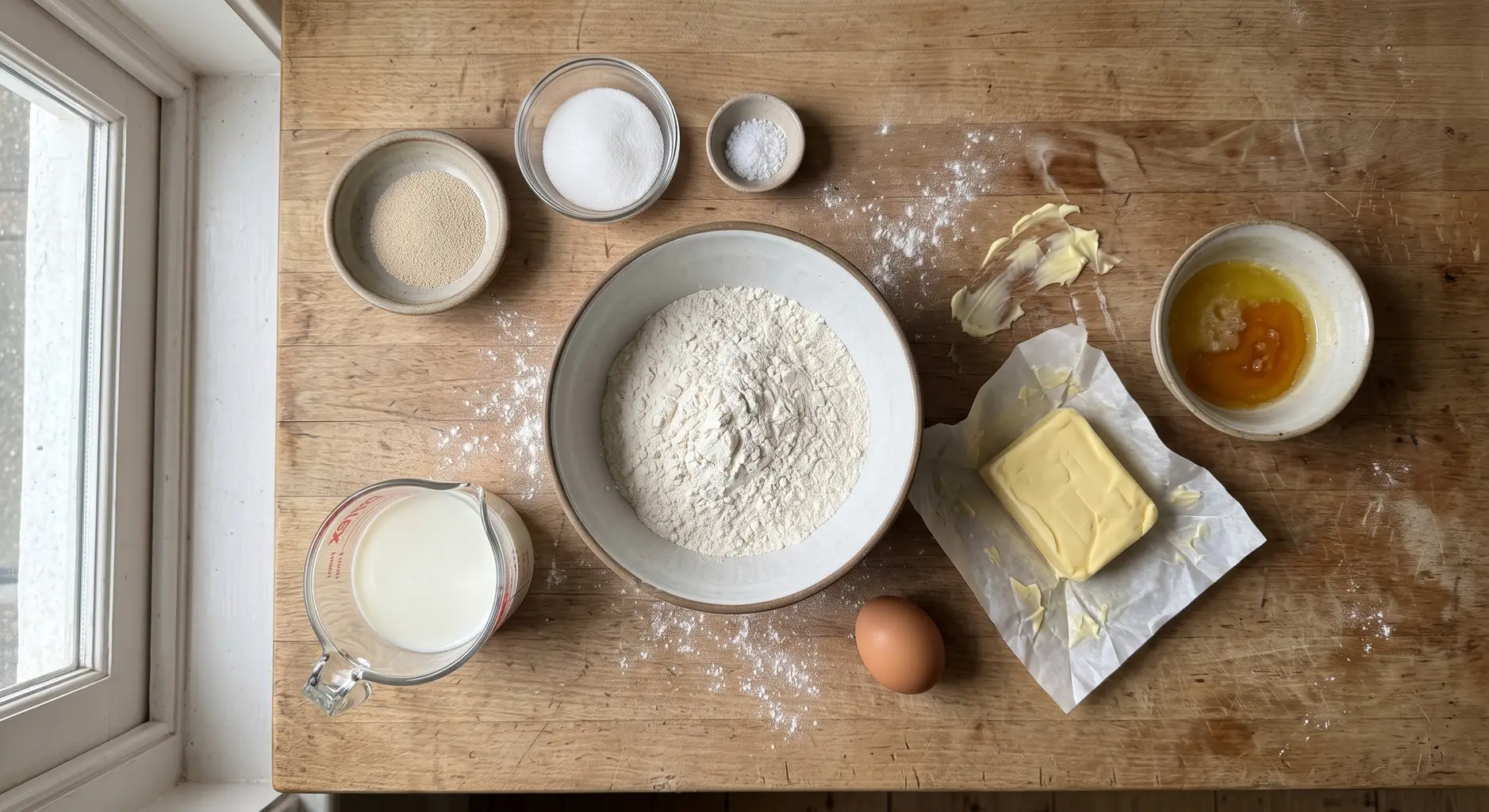 Flour, milk, egg, butter, sugar, salt and yeast laid out on a wooden board for dinner roll dough
