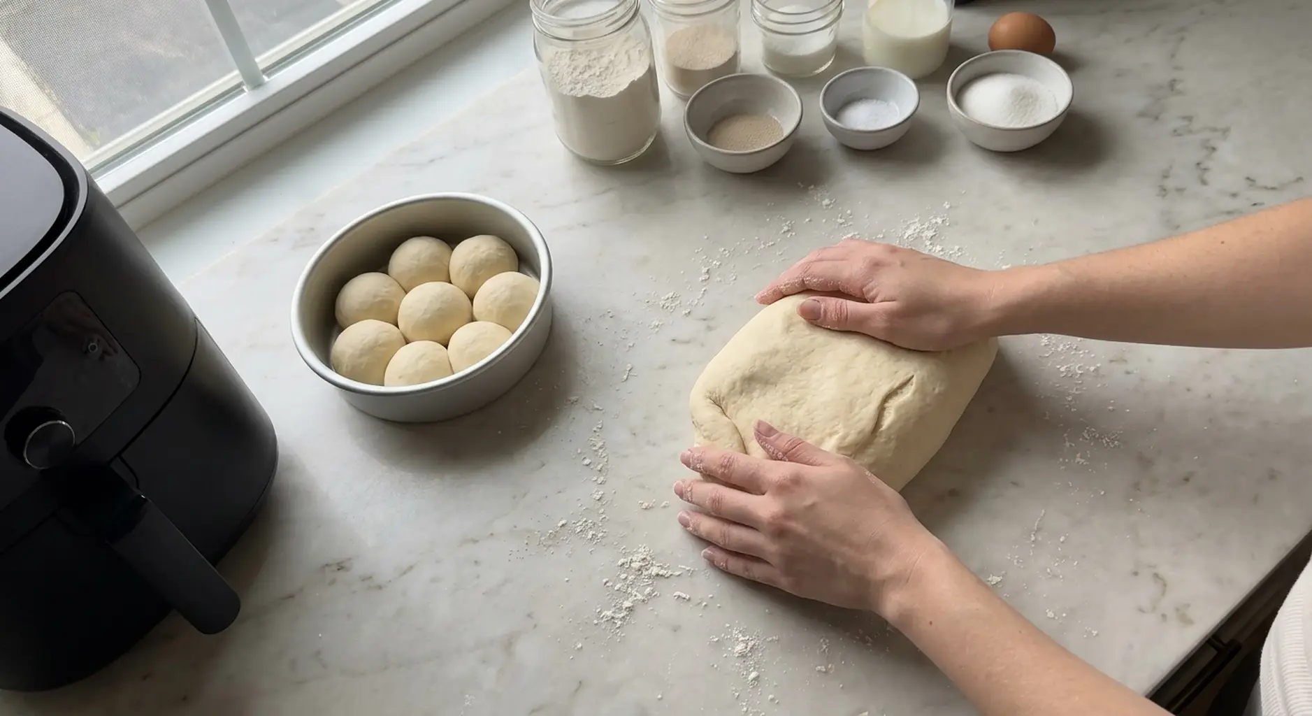 Hands kneading soft enriched dinner roll dough on a floured counter