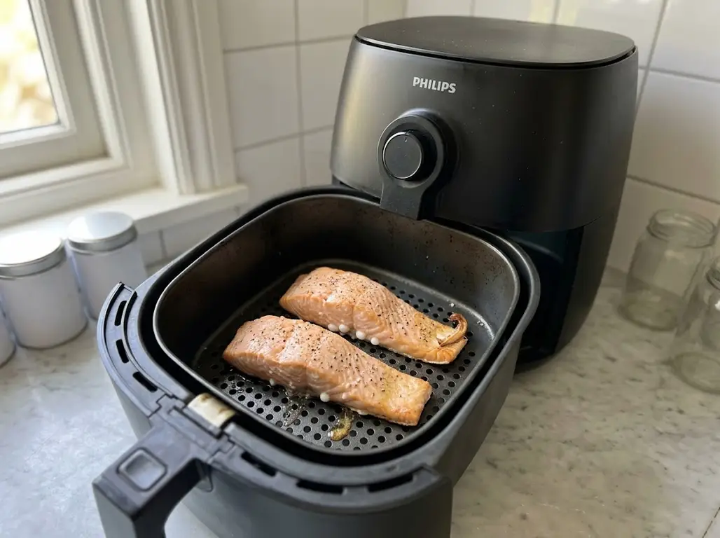 Two seasoned salmon fillets cooking in a Philips air fryer basket