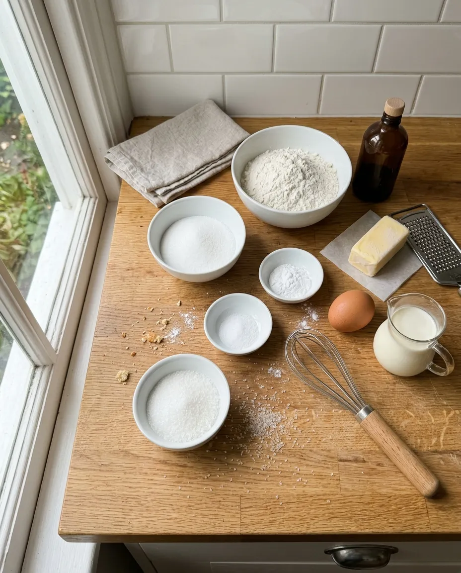 Scone ingredients on a wooden counter: flour, sugar, baking powder, salt, coarse sugar, butter, an egg, cream, vanilla, a grater and a whisk