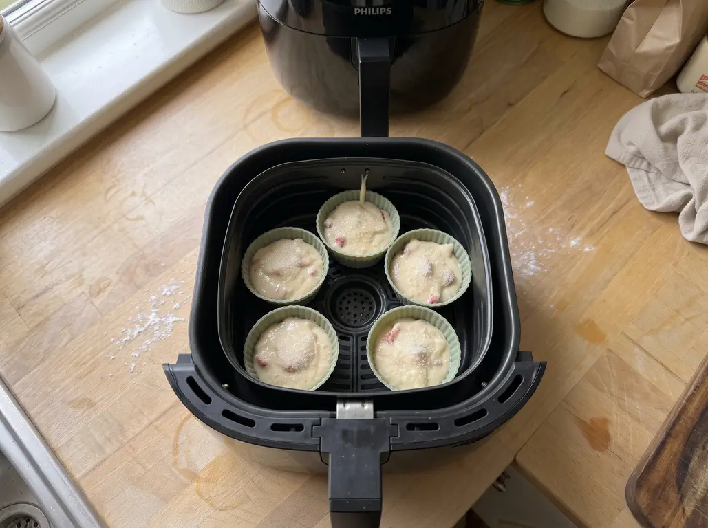 Strawberry muffin batter in silicone cups arranged with space between them in an air fryer basket