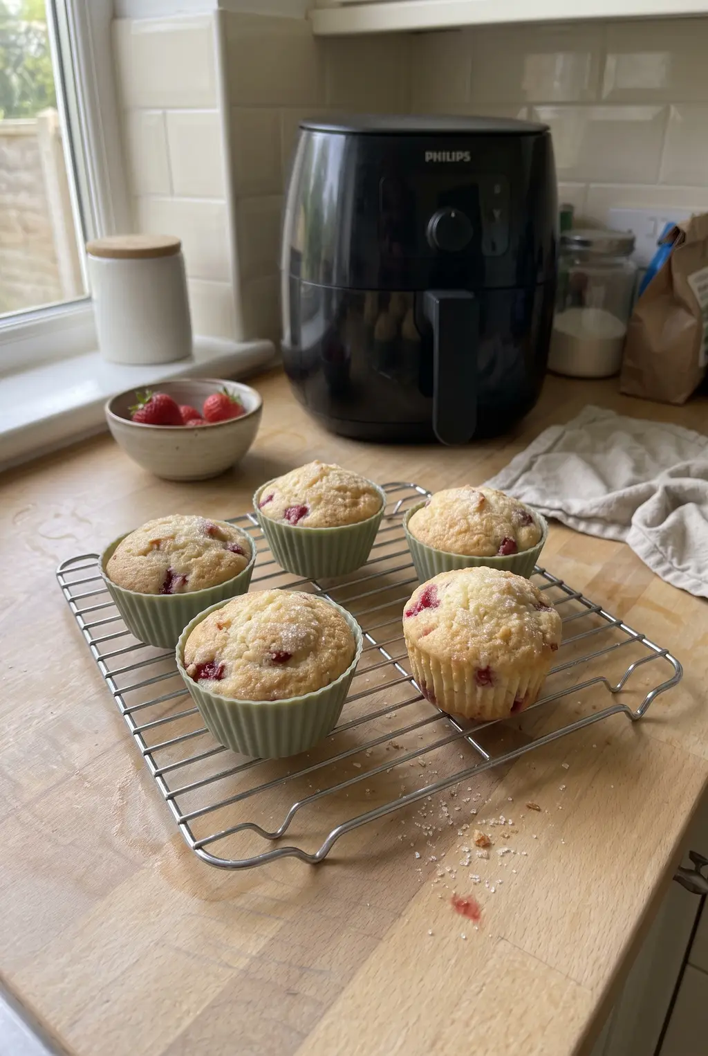 Air fryer strawberry muffins with pink-flecked crumb and coarse sugar tops, stacked on a plate
