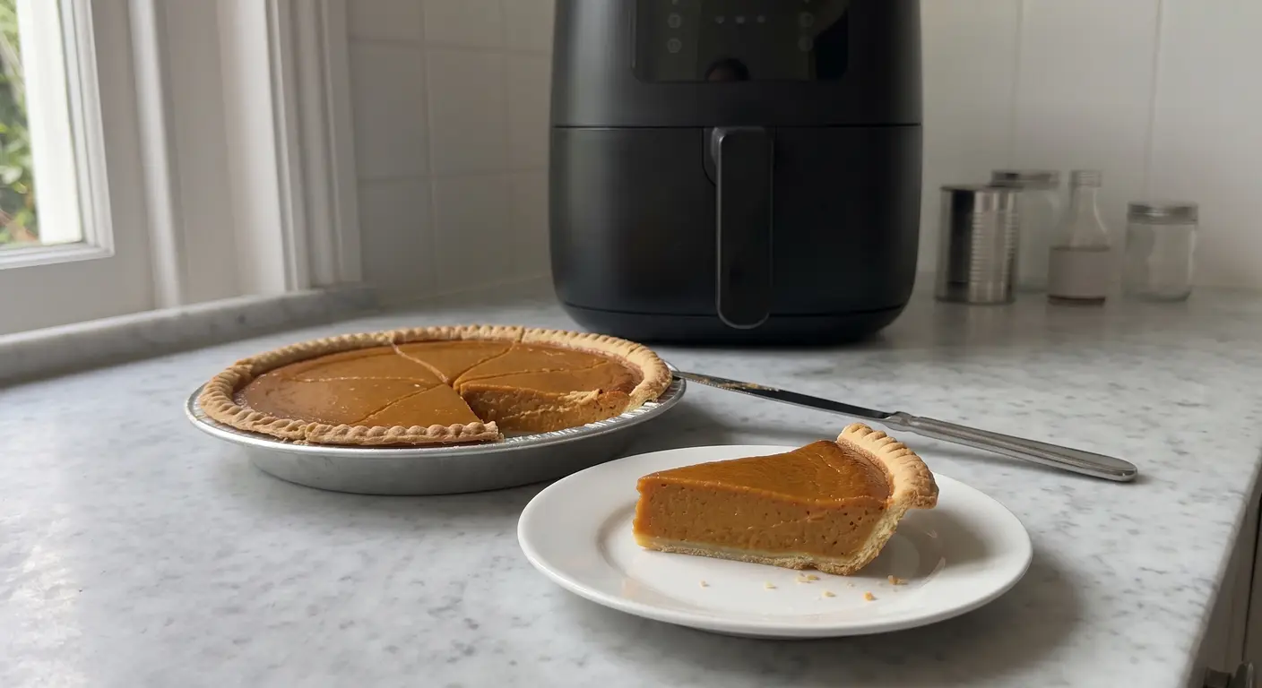 A slice of air fryer sweet potato pie on a white plate beside the rest of the pie