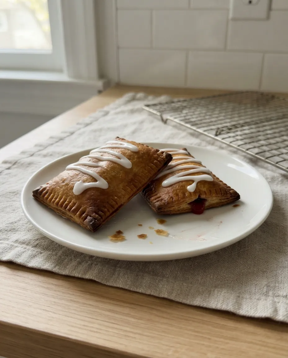 Two iced air fryer toaster strudels on a white plate, golden and crisp with a squiggle of icing