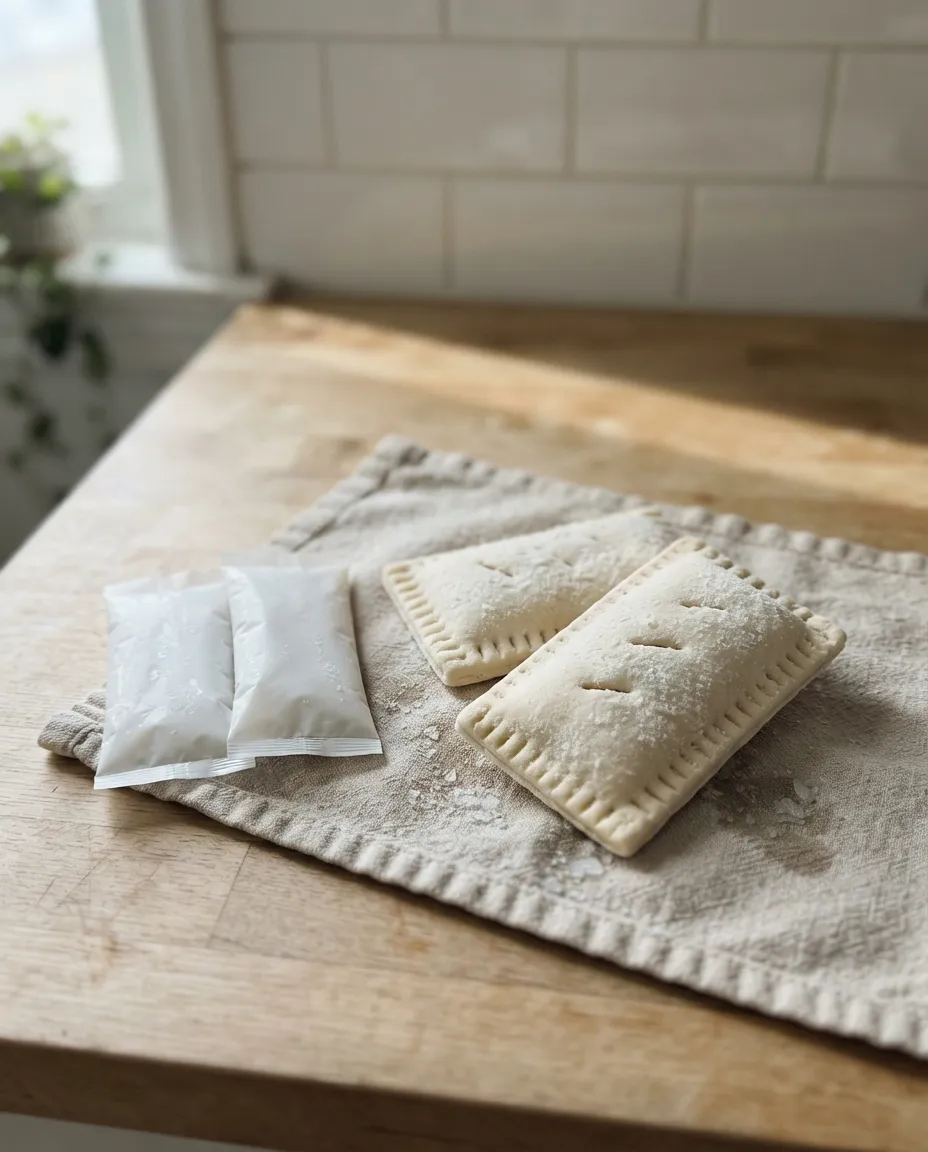 Two frozen toaster strudels with frost on the pastry beside their two icing packets