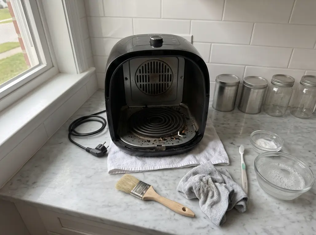An air fryer turned upside down on a towel with the heating element exposed, next to a brush, toothbrush, cloth and bowls of baking soda and water