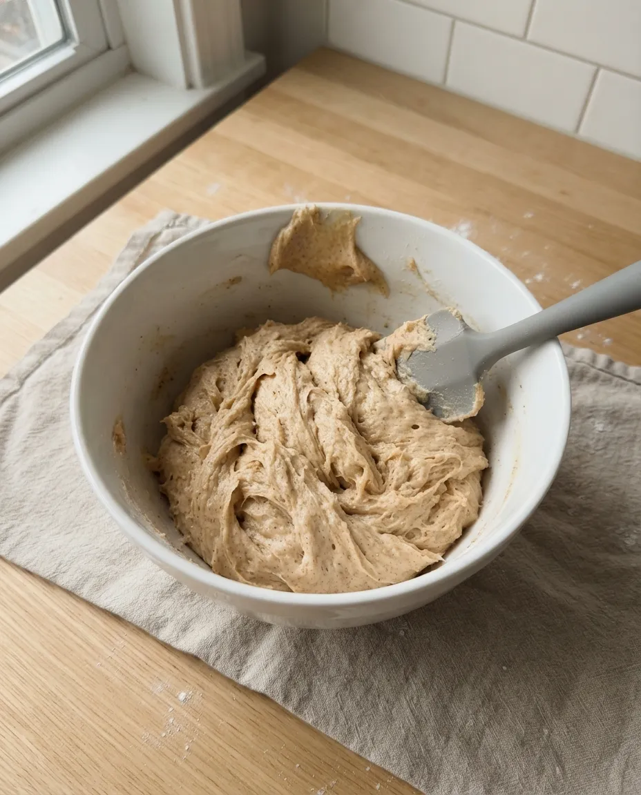 Soft, sticky apple cider donut dough just folded together in a white bowl