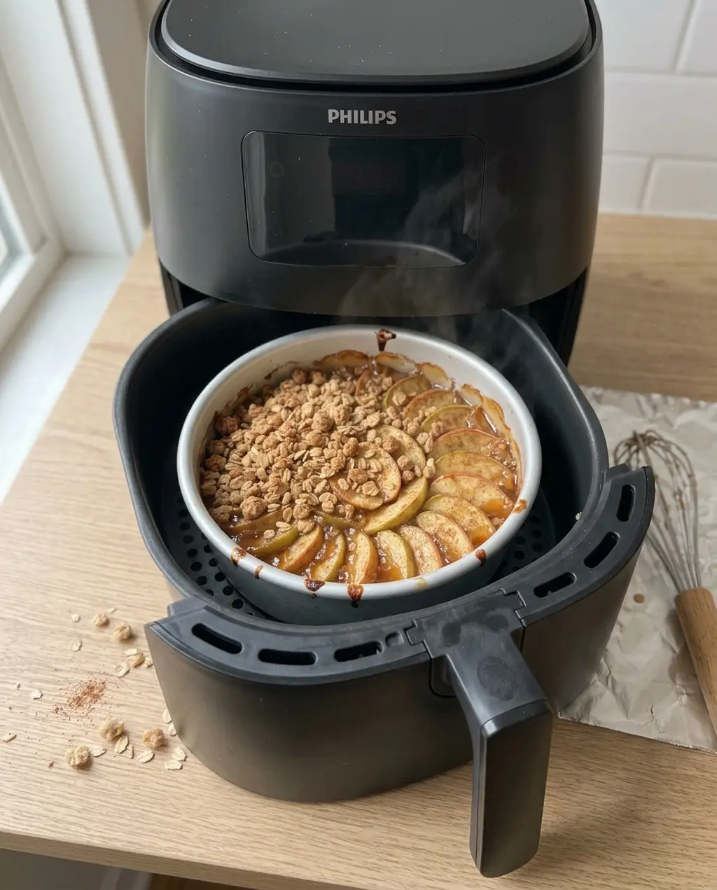 Golden apple crisp with thick syrup bubbling up at the edges of the dish, steaming in an open Philips air fryer basket