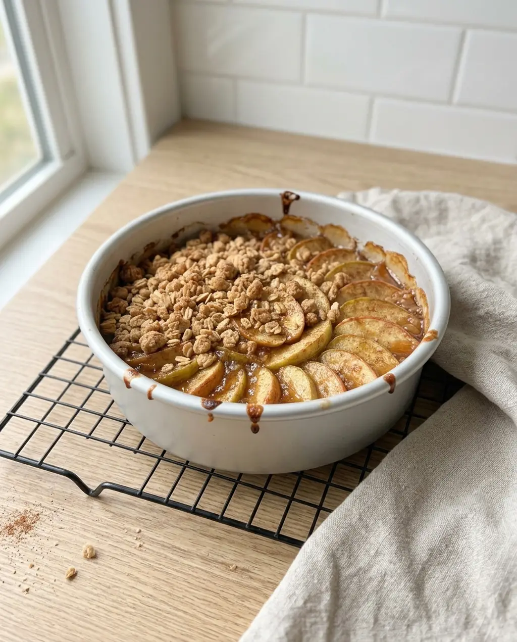 A finished apple crisp resting on a wire cooling rack, with glossy syrup set along the rim of the dish
