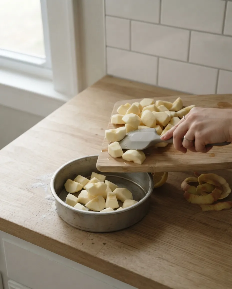 A hand pushing peeled apple chunks off a cutting board into a metal cake pan, apple peel curls alongside