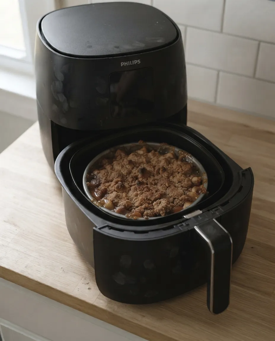 A baked apple crumble in a metal pan inside a Philips air fryer basket, the topping chestnut brown and the filling bubbling